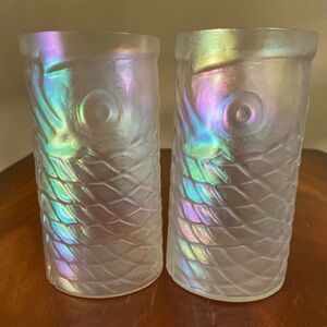 Beautiful Rare Vintage John Cook Iridescent Clear Koi Design Art Glass Tumblers